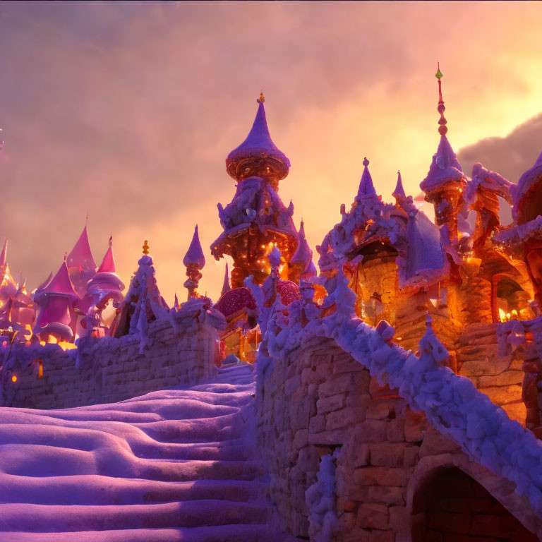 Snowy castle glows in warm sunset light