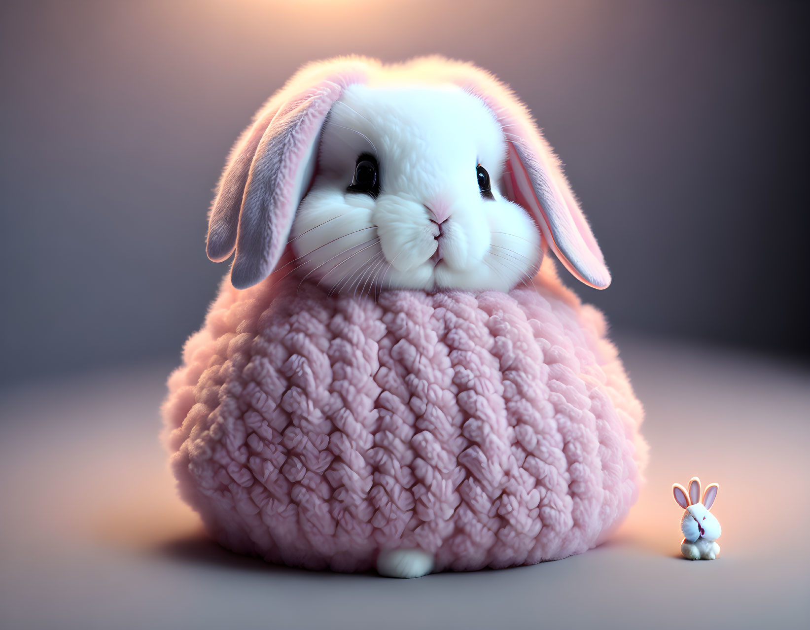 White Rabbit Sitting in Pink Woolen Texture with Miniature Rabbit Figurine