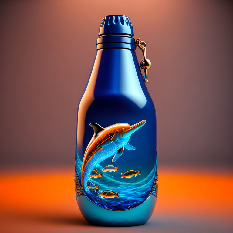 Blue Reusable Water Bottle with Dolphin and Wave Design