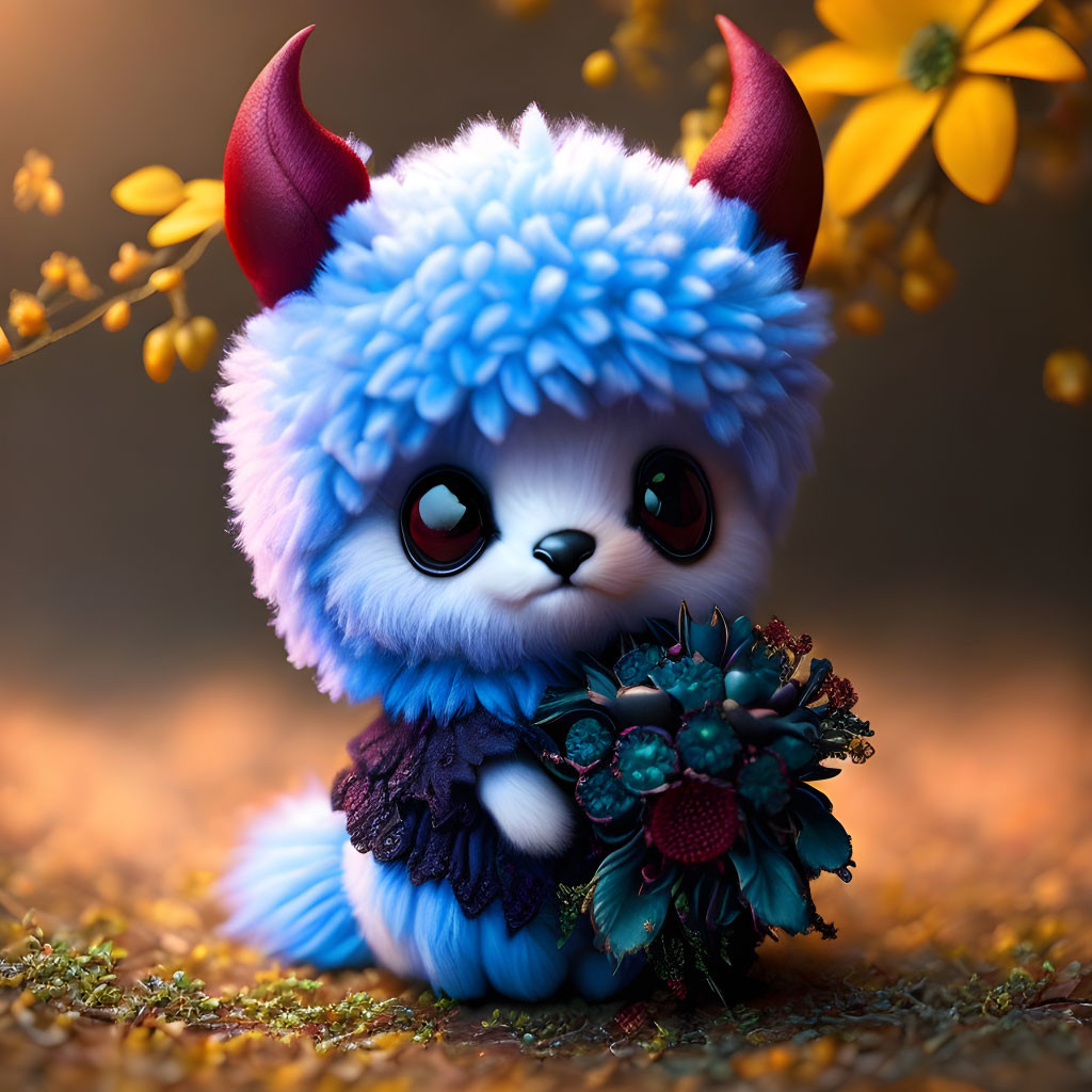 Blue Fluffy Creature with Red Horns Holding Bouquet in Autumn Setting