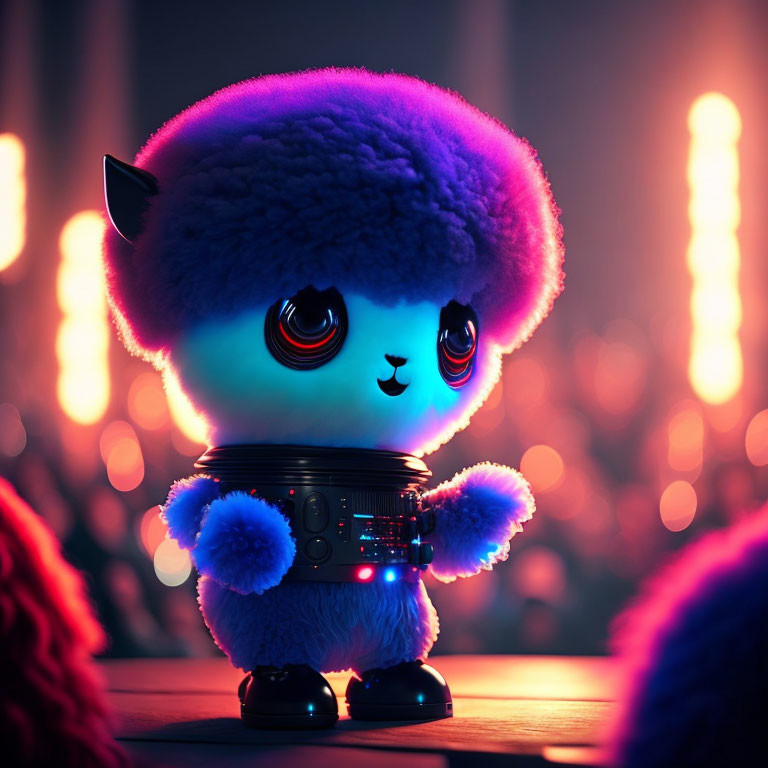 Glowing purple fluff plush toy with big eyes and robotic body on colorful backdrop