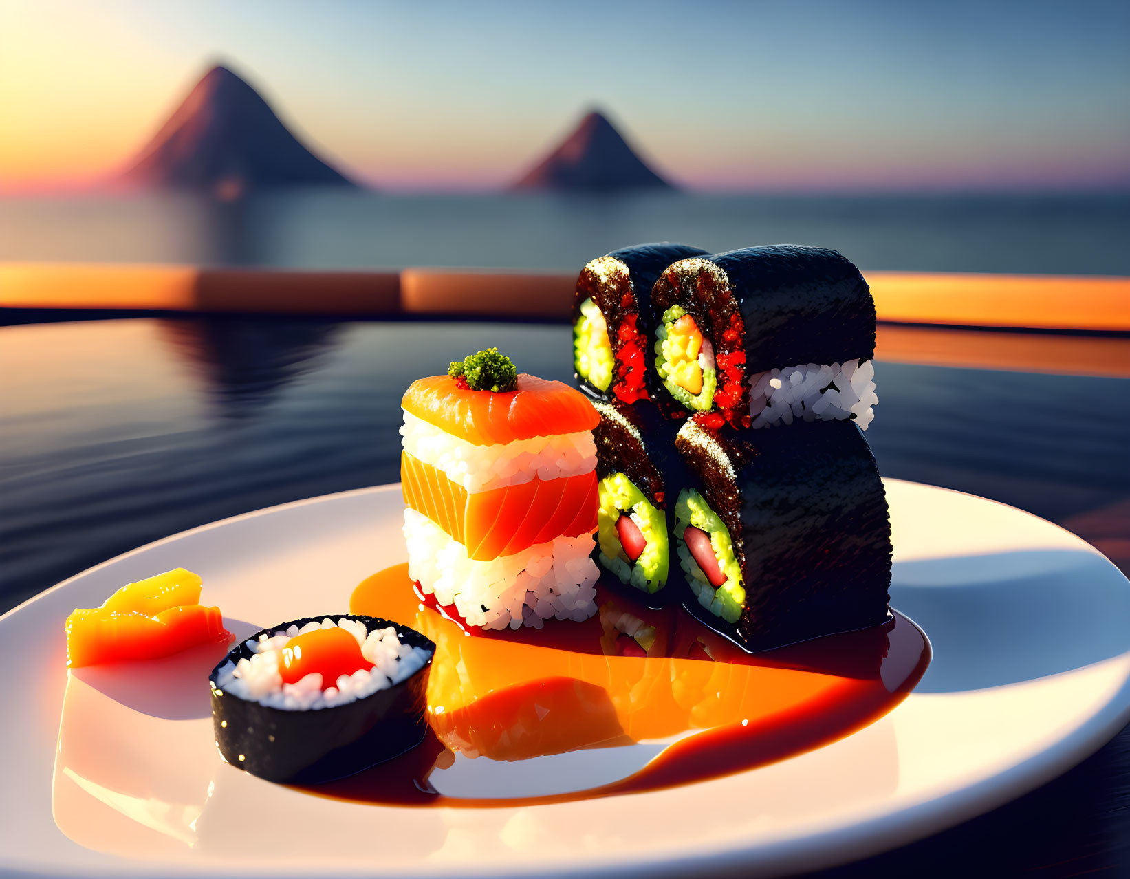 Assorted Sushi Plate with Sunset Sea View