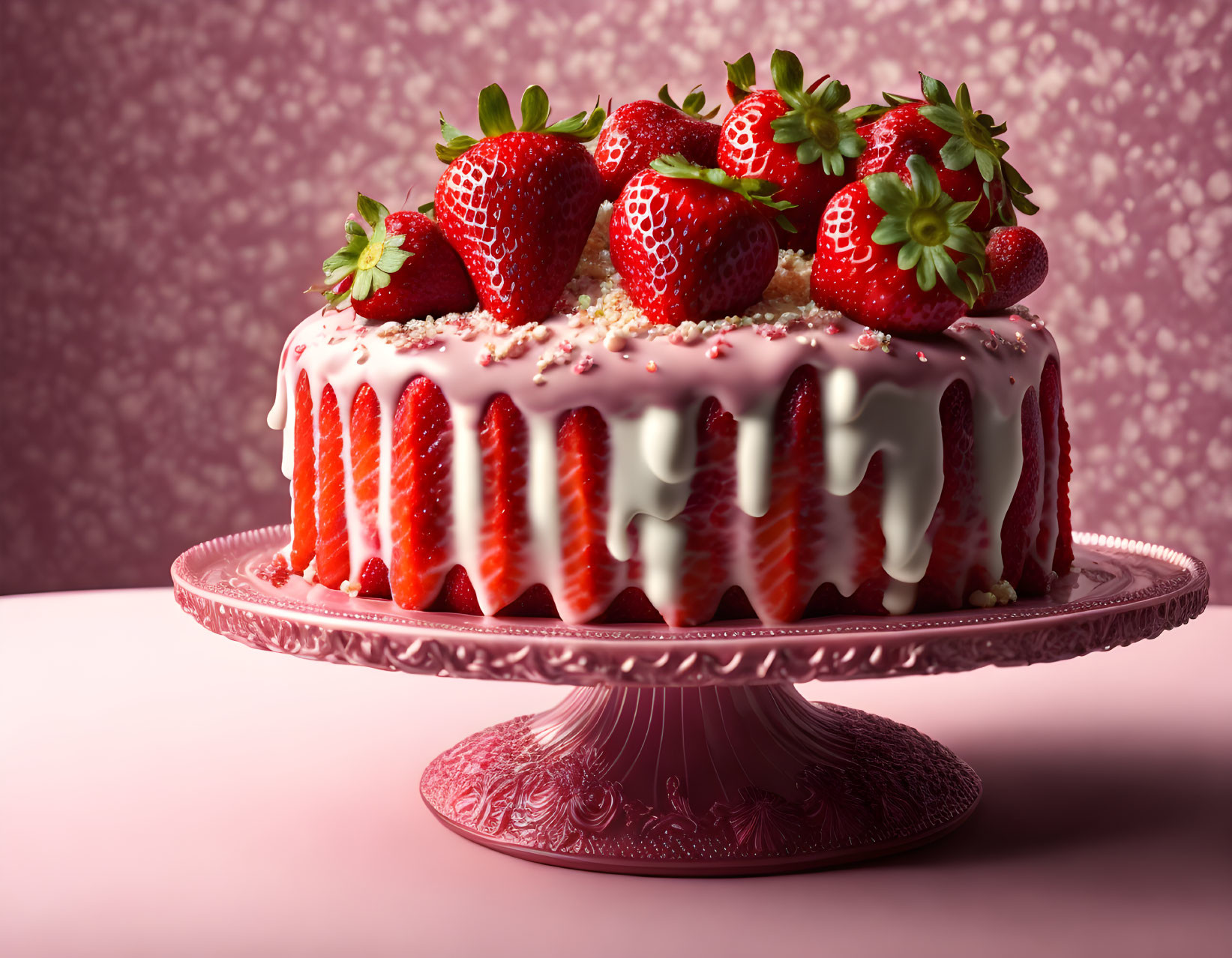 Strawberry cake with white icing and whole strawberries on ornate pink stand