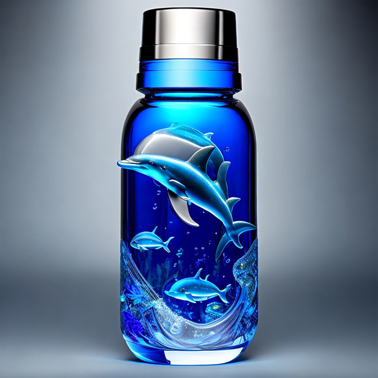 Clear Blue Water Bottle with 3D Dolphin and Fish Design on Grey Background