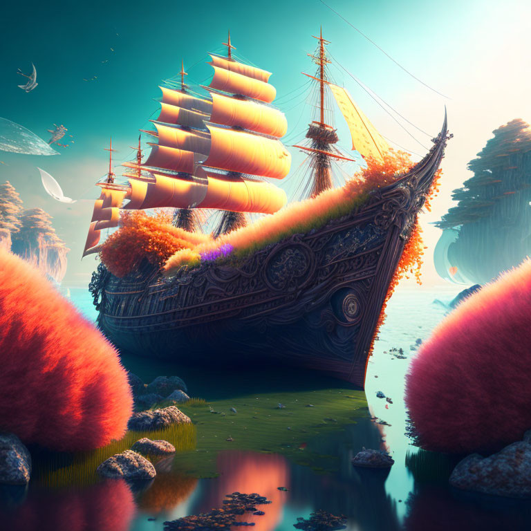 Fantastical ship with lush foliage sails on serene lake surrounded by whimsical pink trees