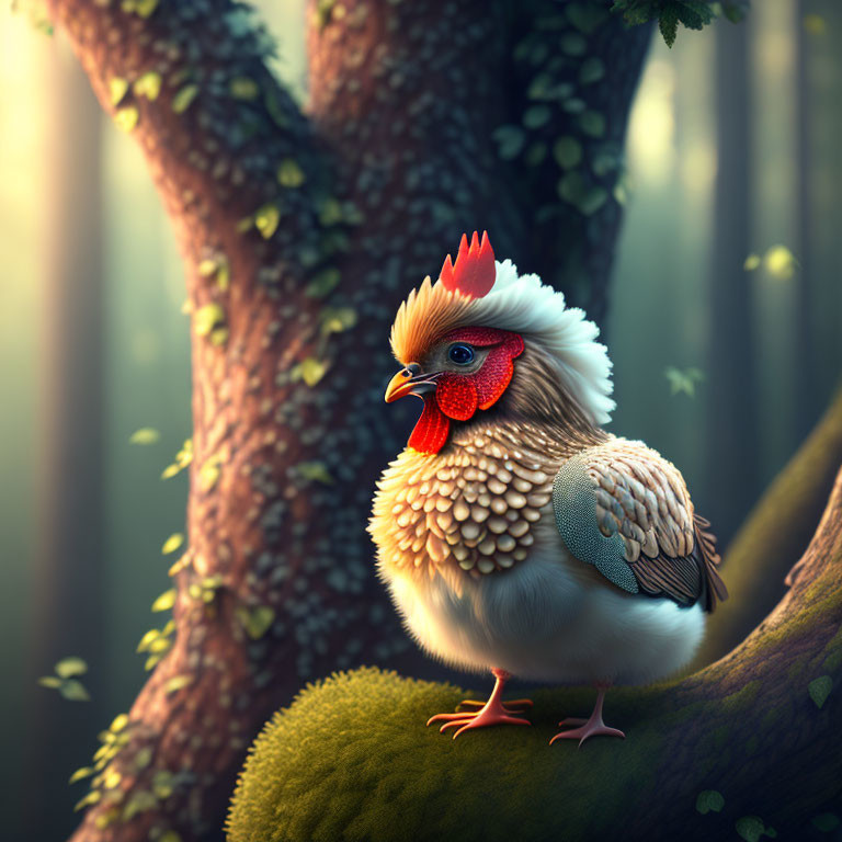 Unique bird-headed creature on mossy branch in golden forest