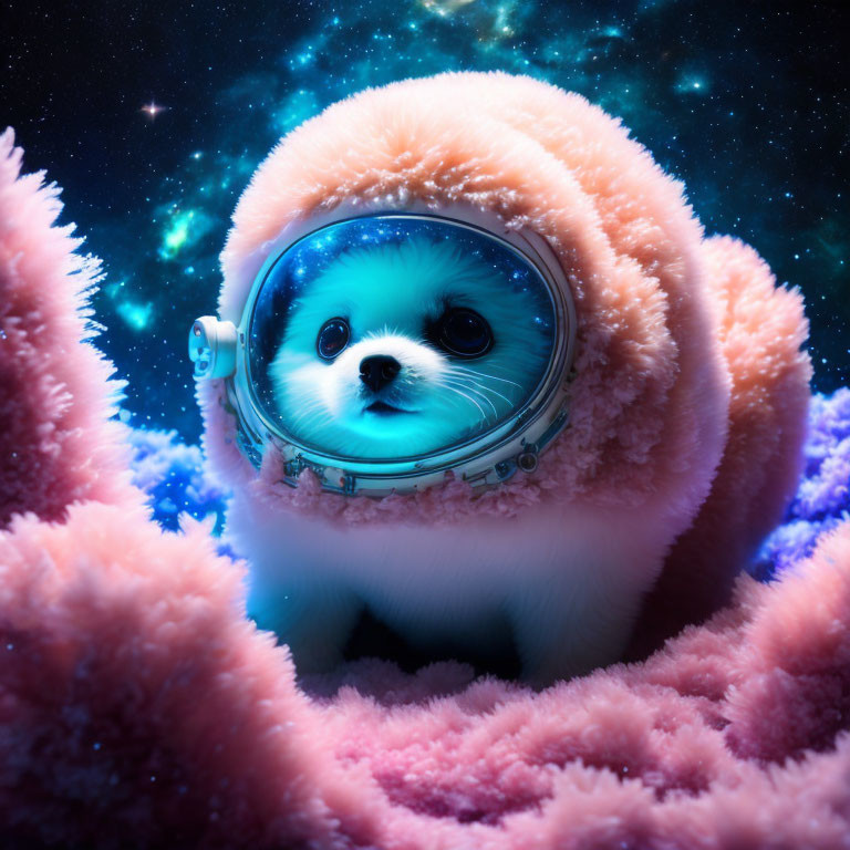 Adorable seal in astronaut helmet with pink coral under starry sky