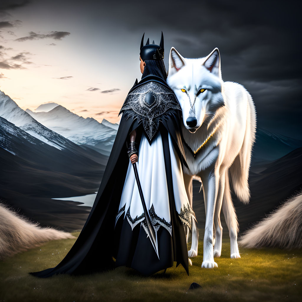 Person in Batman costume with white wolf in mountain landscape at dusk