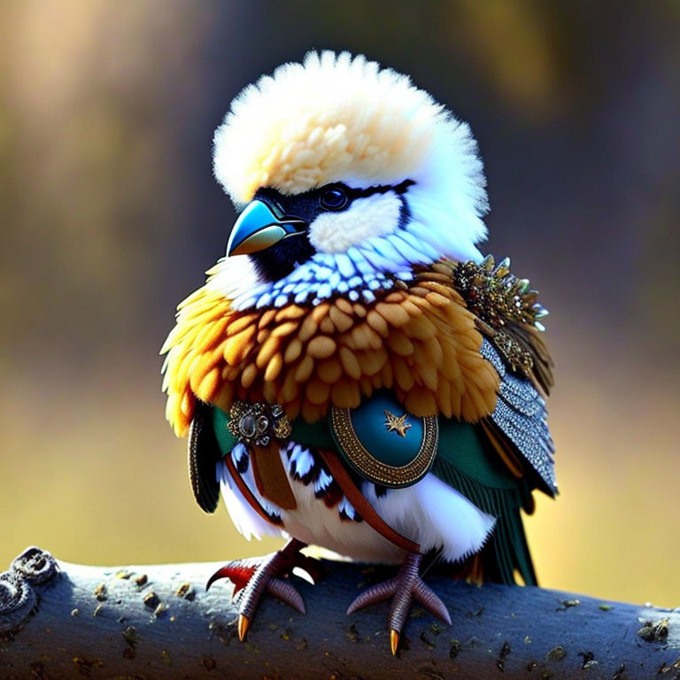 Digitally altered image of a whimsical bird-human hybrid with ornate attire.