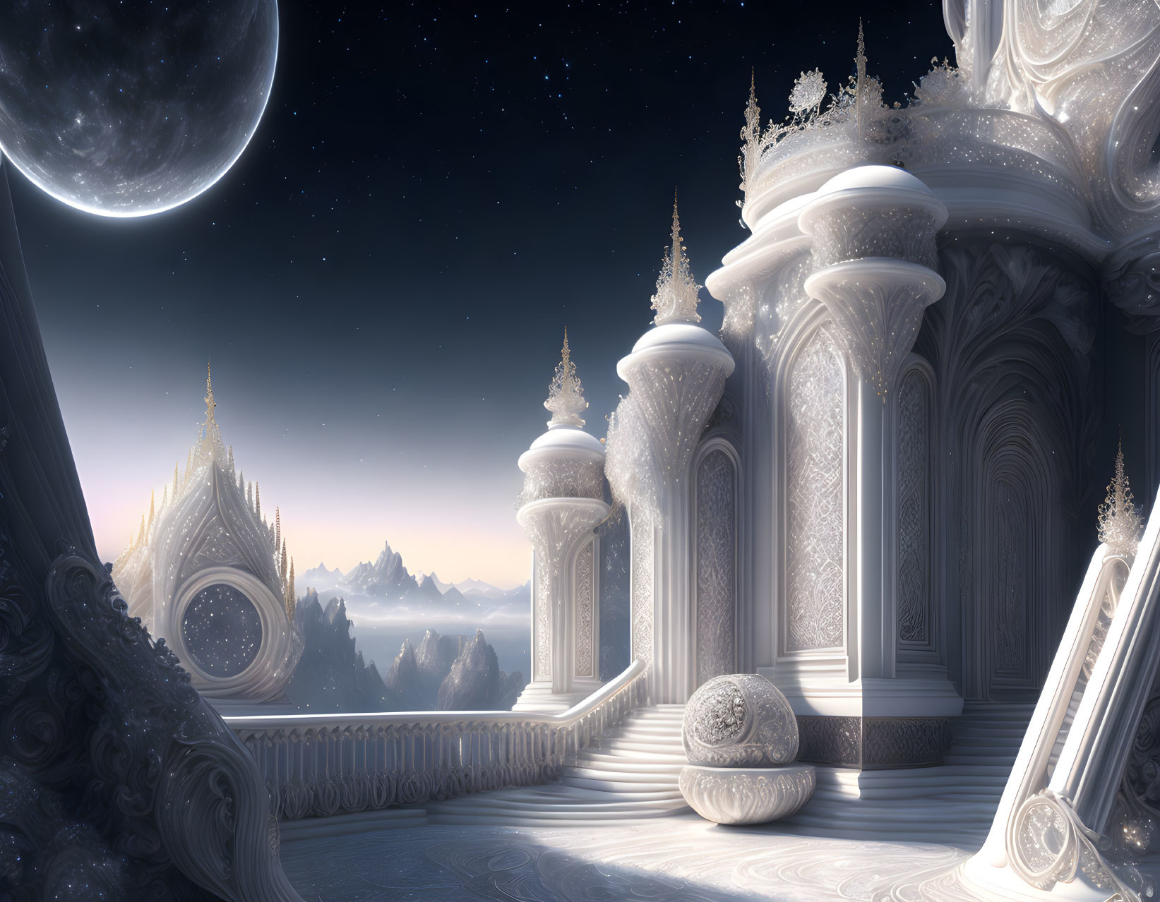 Fantasy landscape with ice-like architecture and starry sky