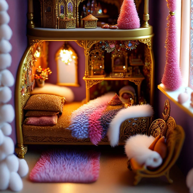 Luxurious miniature room with ornate golden furniture & colorful pillows