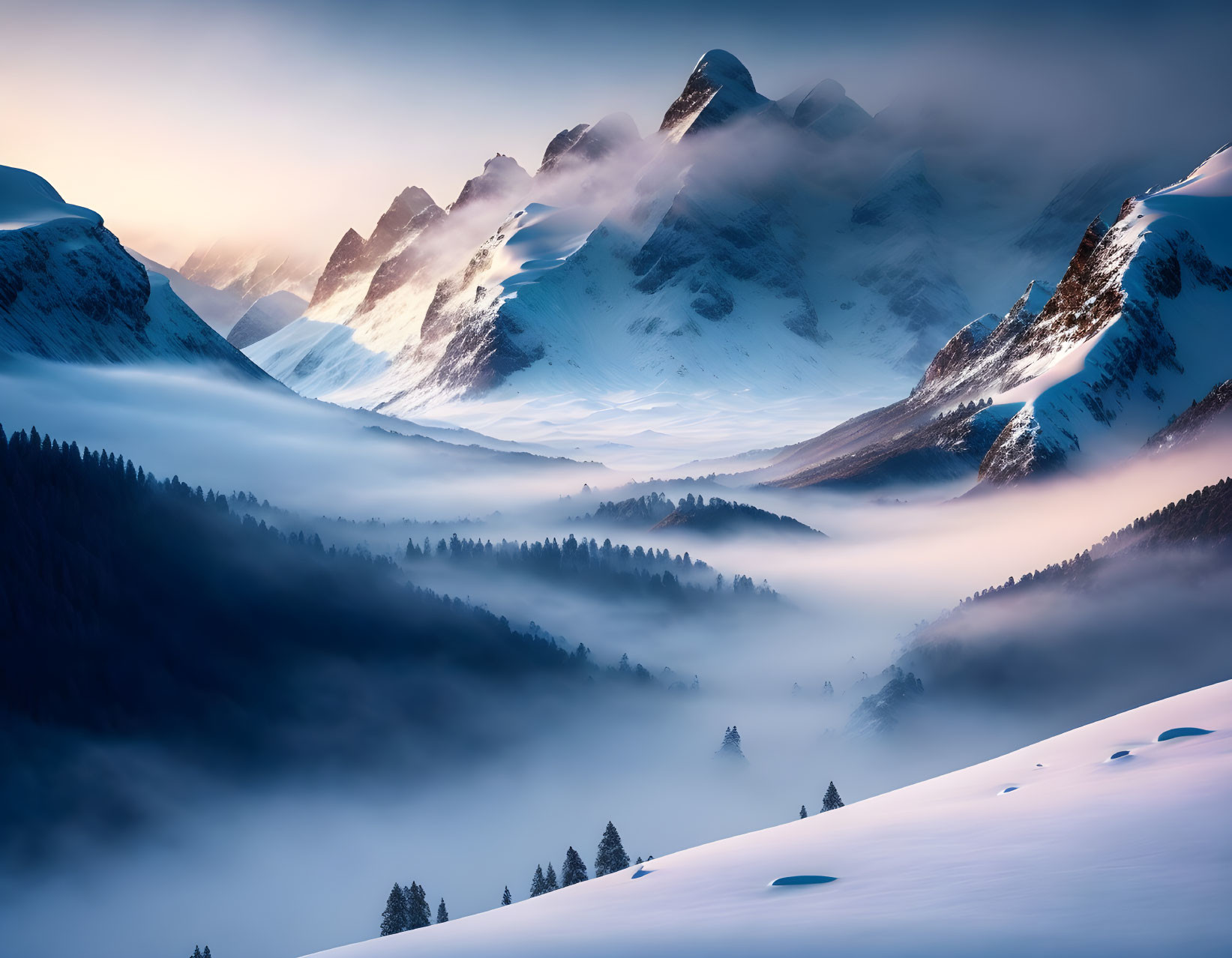 Majestic mountain landscape at dawn with misty peaks and snowy foreground