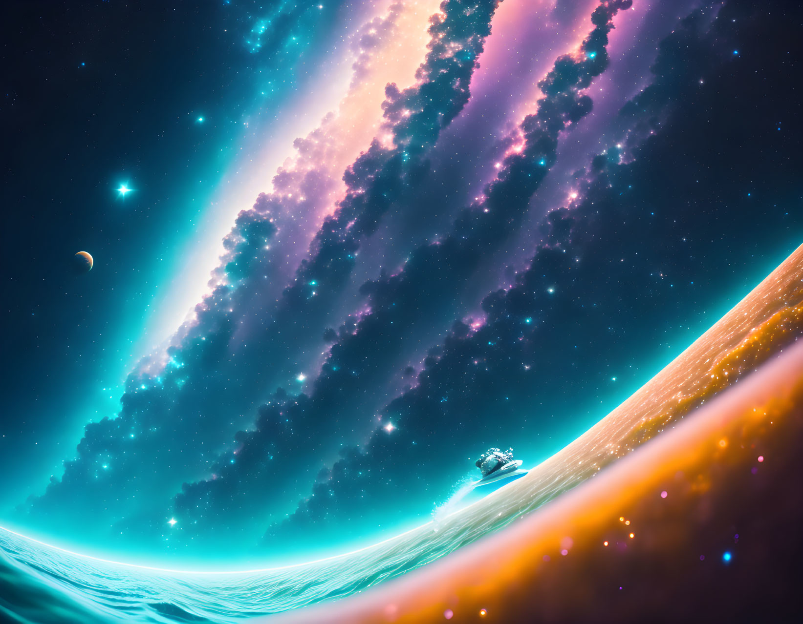 Colorful Space Scene: Astronaut Surfing Wave with Nebulae and Crescent Moon