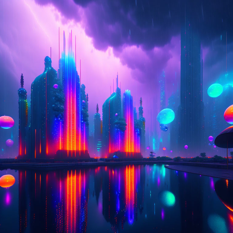 Futuristic cityscape with neon-lit skyscrapers and glowing jellyfish-like entities in storm