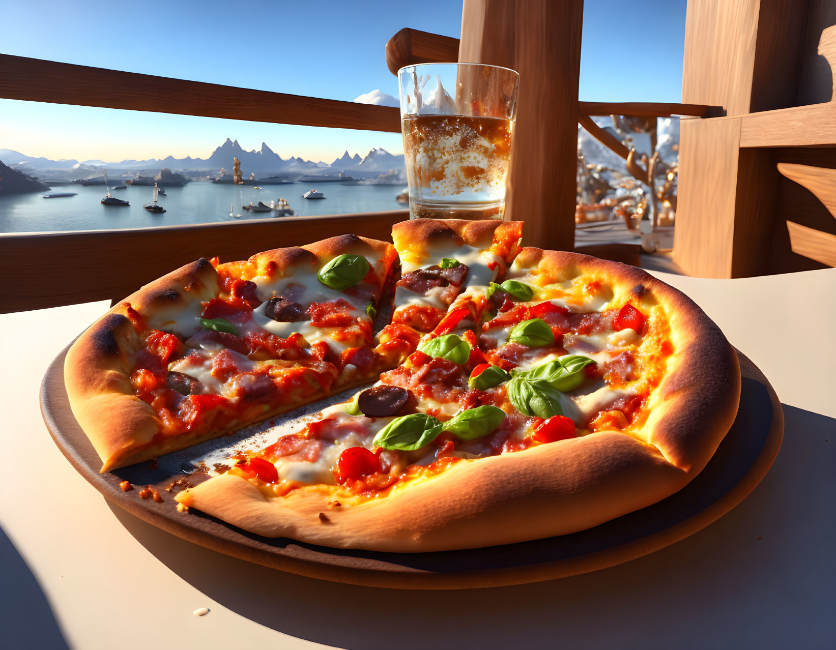 Freshly-Baked Pizza with Melting Cheese, Tomato Sauce, Basil, Beer, and Coastal View