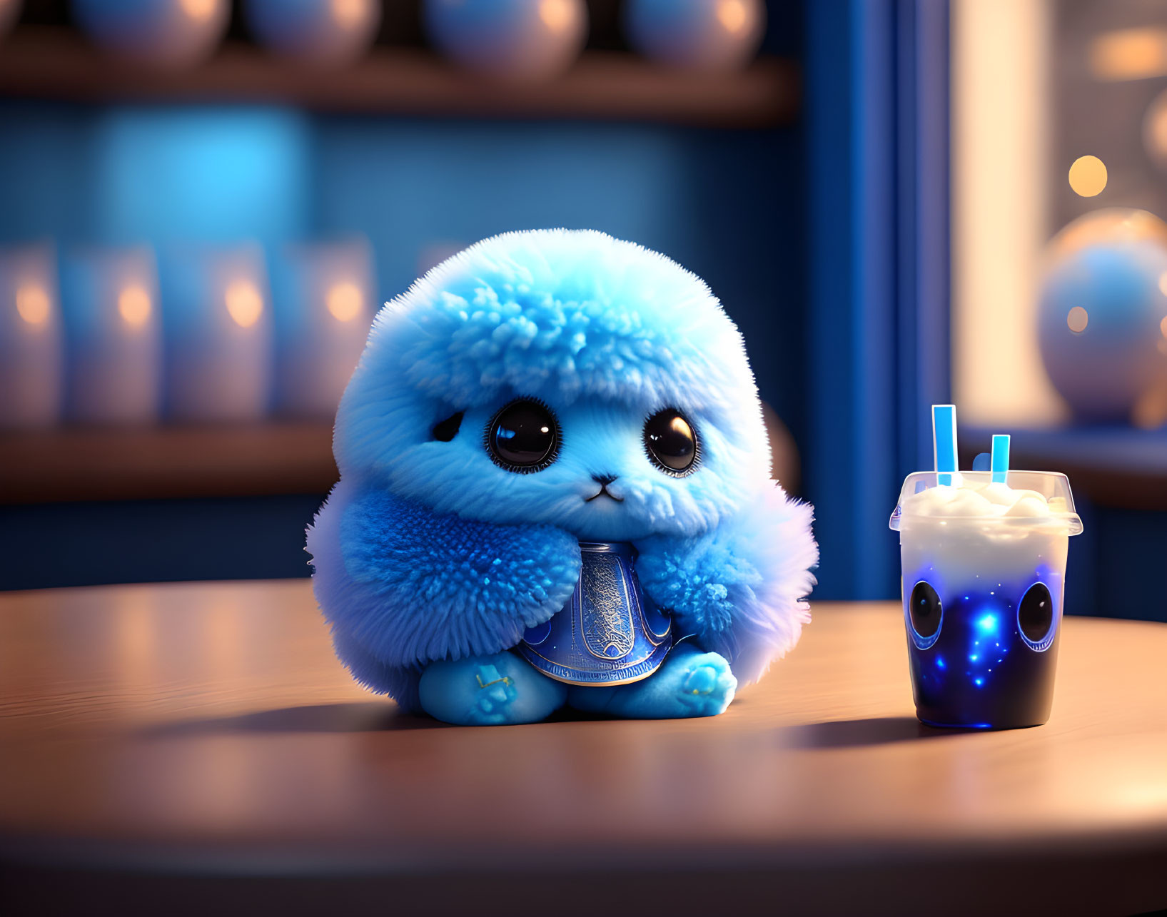 Blue fluffy animated creature with galaxy-themed drink on wooden surface