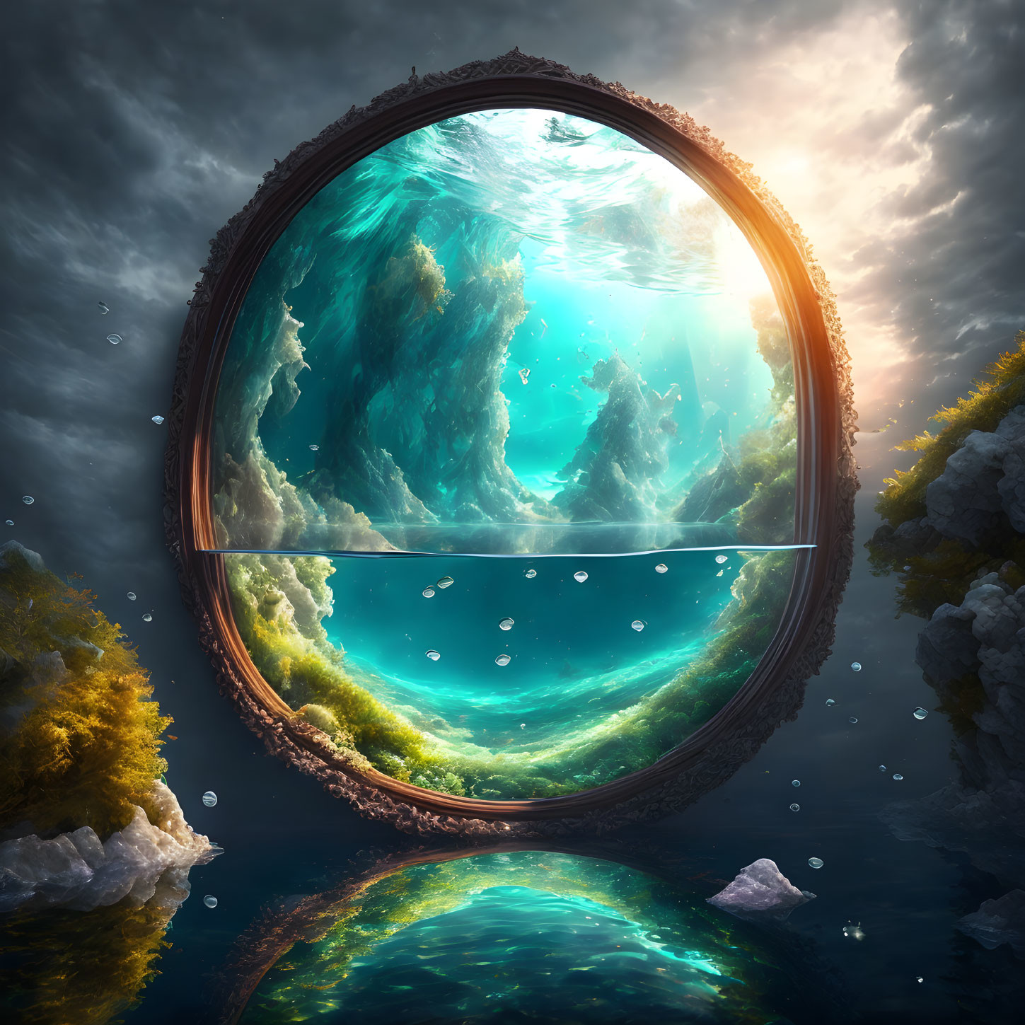 Circular Portal Reveals Underwater Scene with Sunlight and Rocky Surroundings