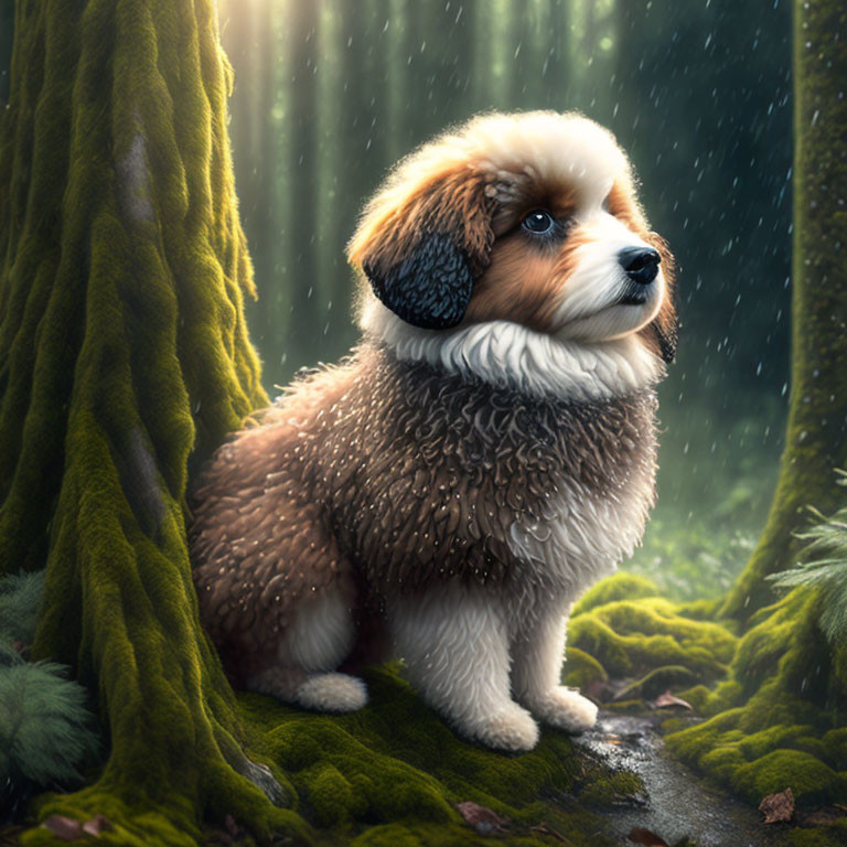 Brown and White Dog in Rainy Forest Scene