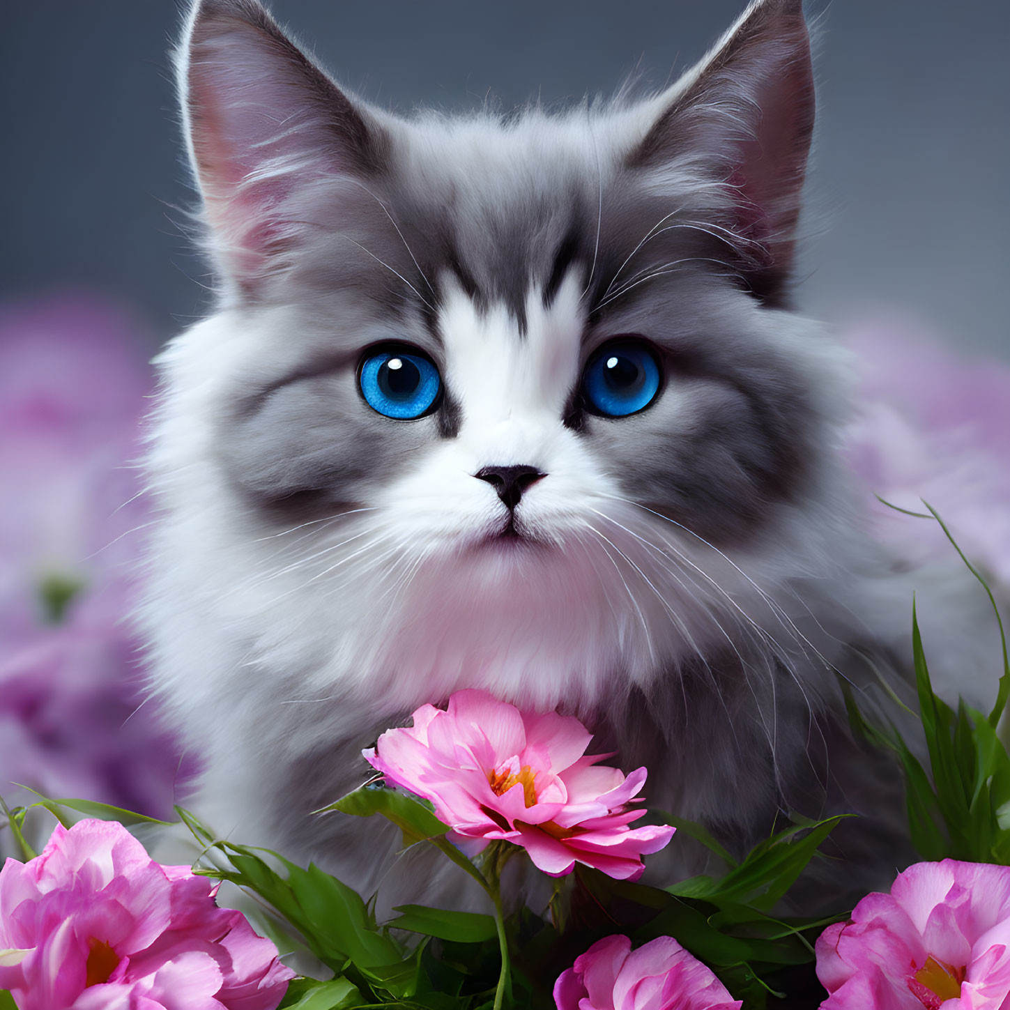 Grey and White Cat with Blue Eyes Surrounded by Pink Flowers on Grey Background