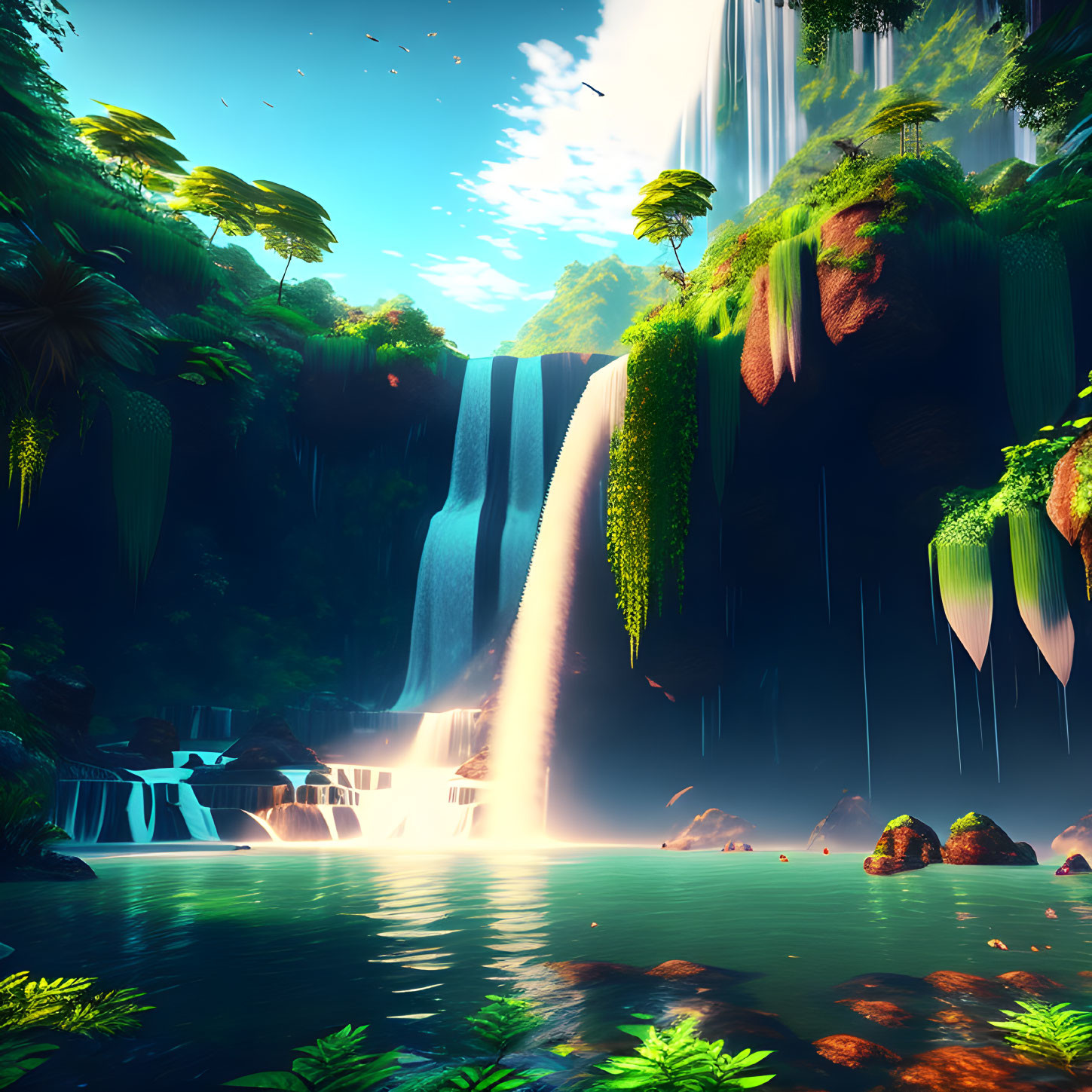 Tranquil digital artwork of majestic waterfall in lush setting