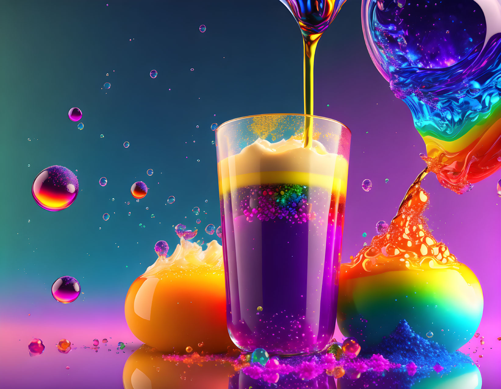 Vibrant colorful liquids in glass with bubbles on gradient background