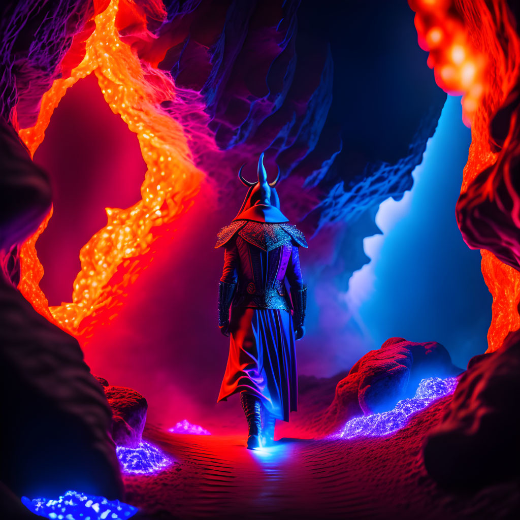 Samurai armor figure in vibrant neon-lit cave