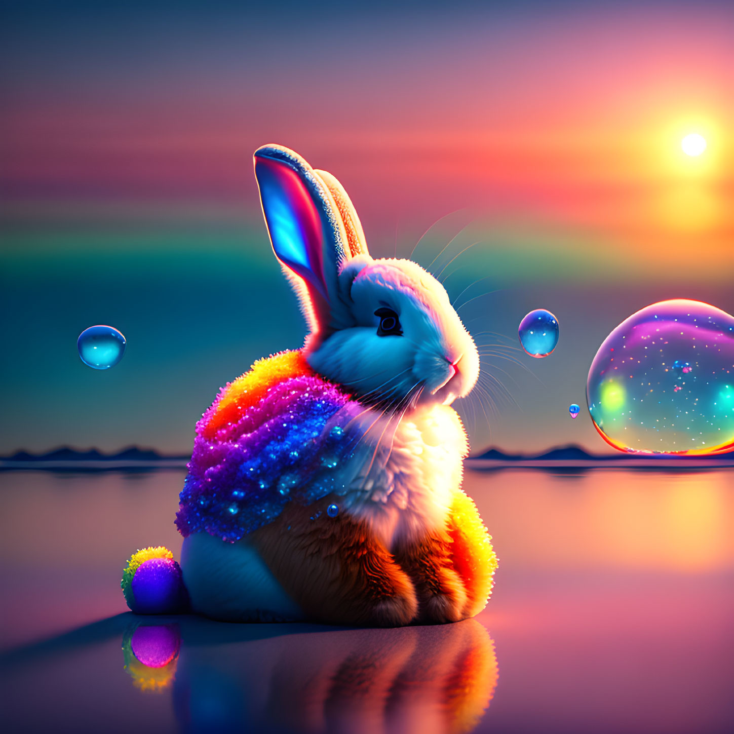 Colorful Sparkling Rabbit by Water with Sunset Sky