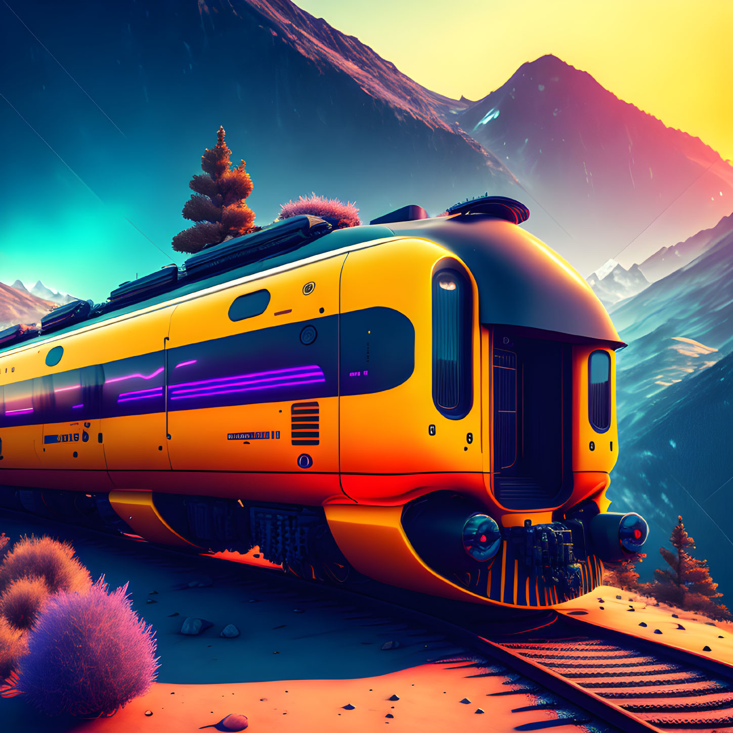 Colorful futuristic train in mountainous landscape at dusk