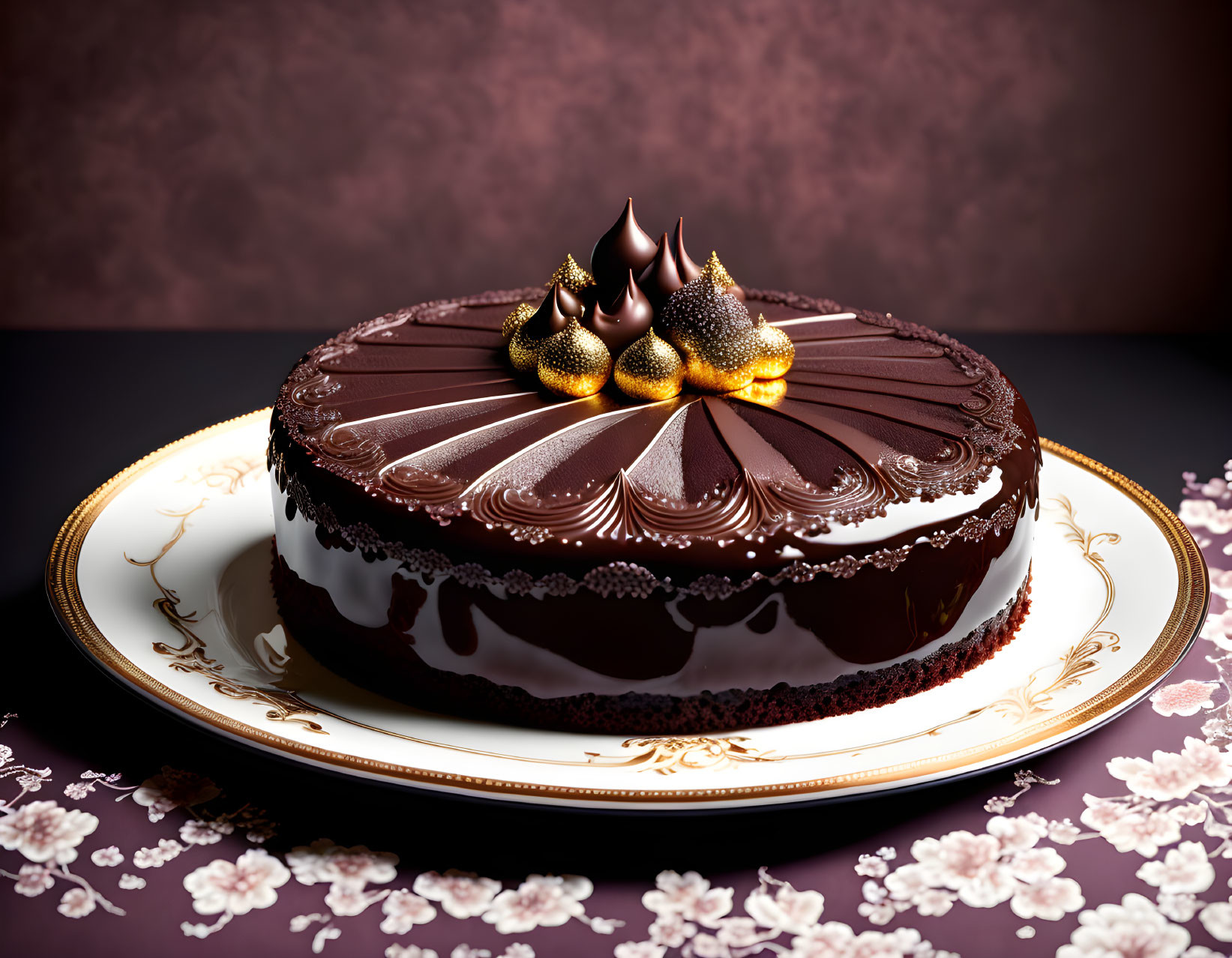 Luxurious Chocolate Cake with Glossy Glaze and Gold-Tipped Decor on Floral Plate