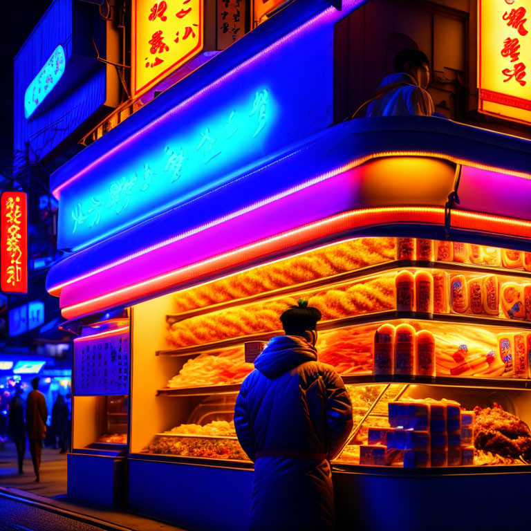 Nighttime Street Scene: Neon Signs, Bakery Display, Person in Blue Jacket