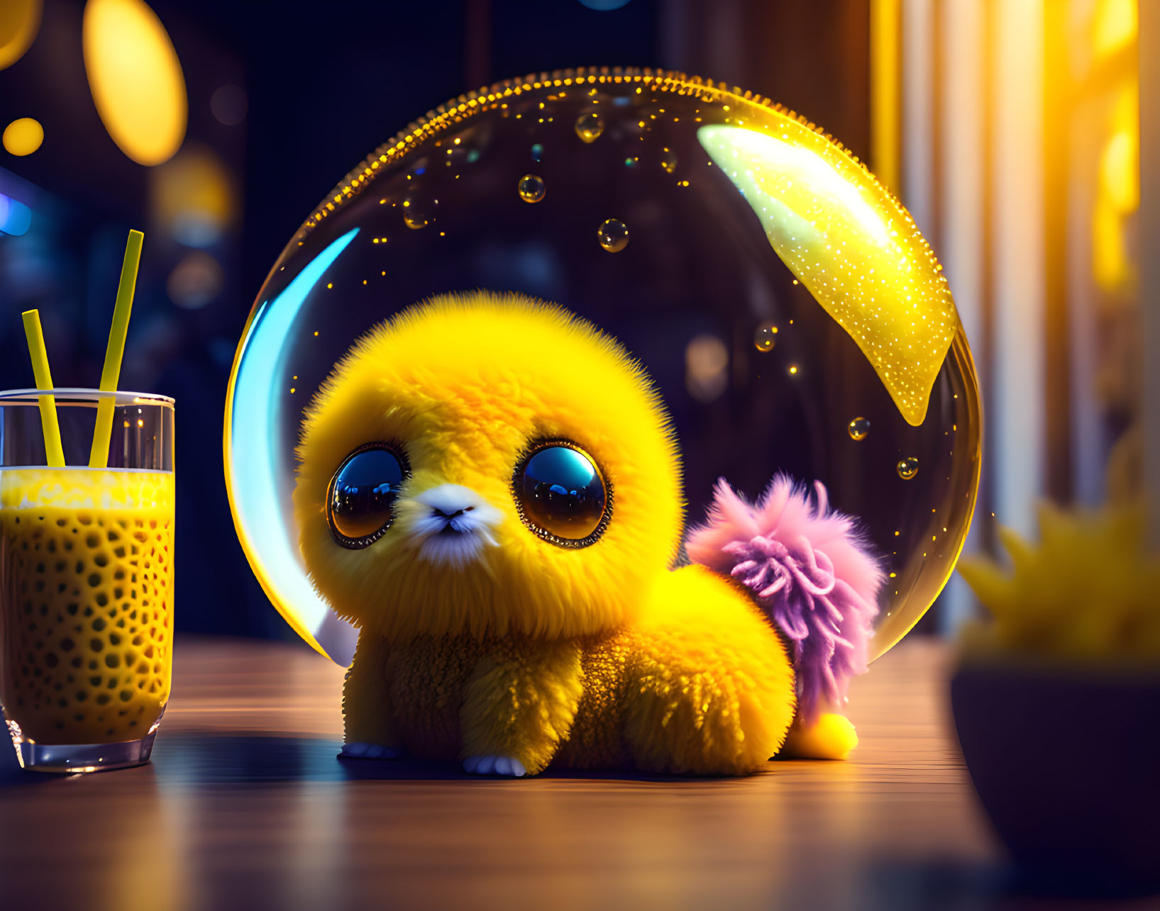 Fluffy yellow creature with big eyes next to bubbly drink on wooden surface