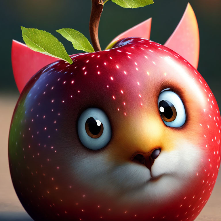 Whimsical red apple with cute cat's face illustration