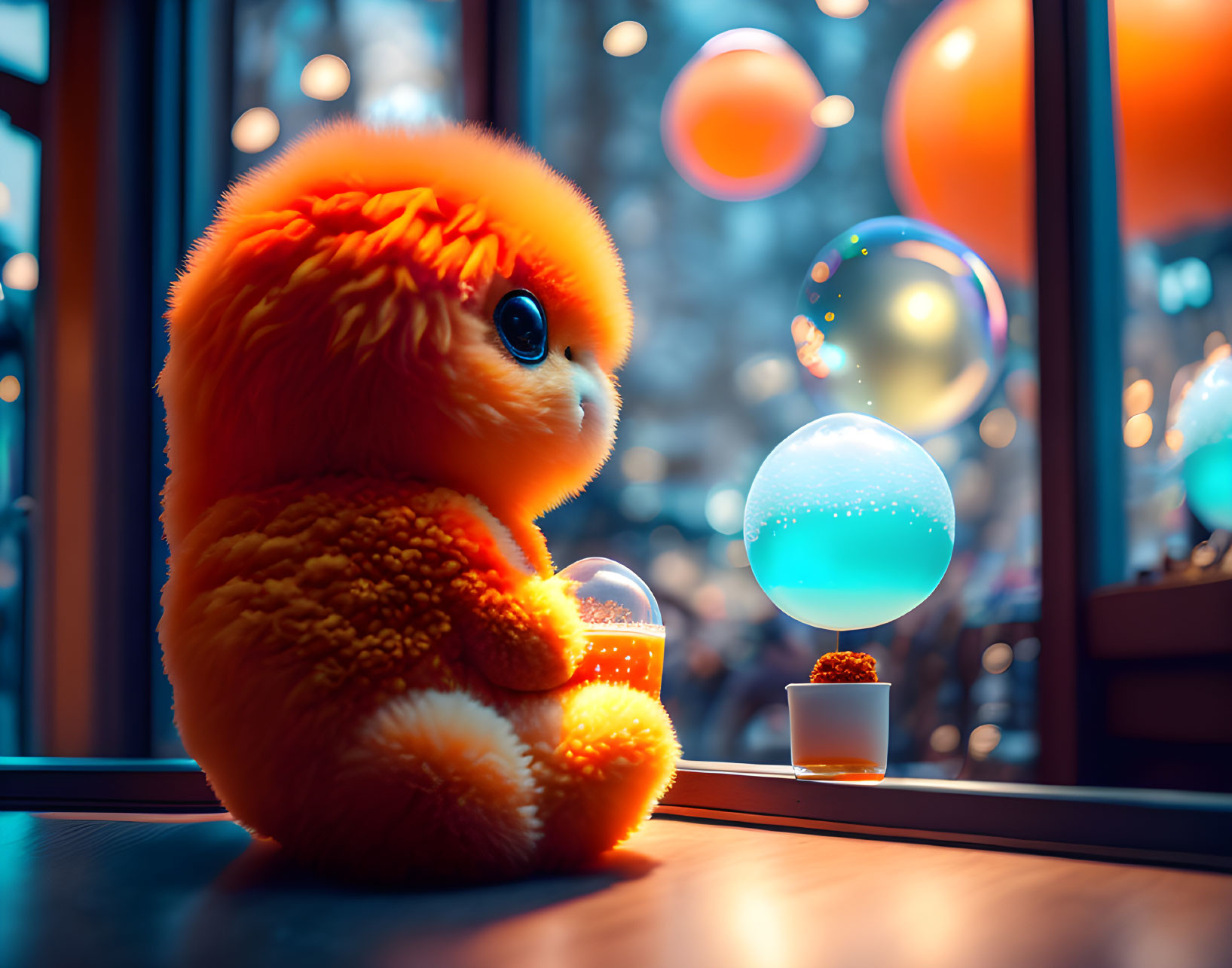 Fluffy orange toy with blue orb and bubbles by window