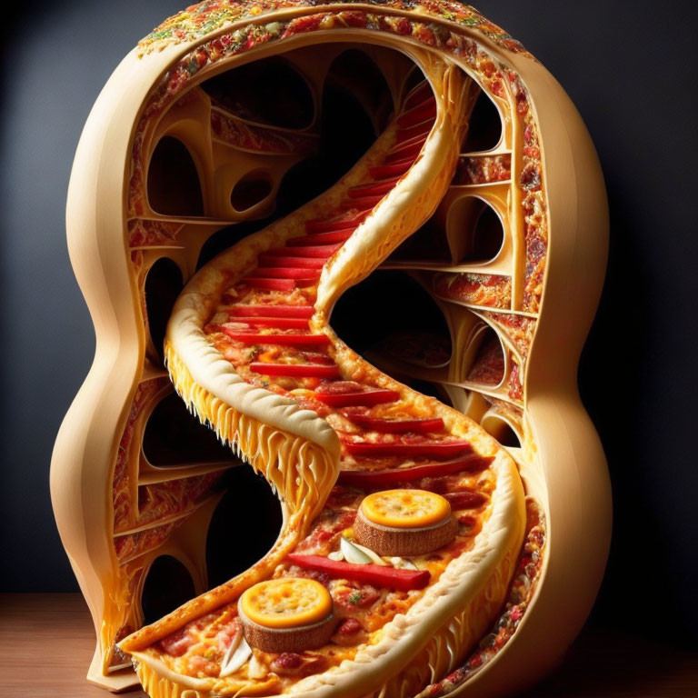 Pizza-themed human torso slice artwork with cheese and toppings anatomy representation.