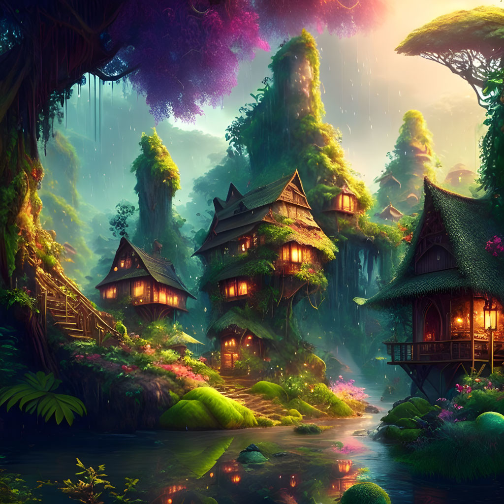 Enchanting fantasy village in lush jungle with waterfalls