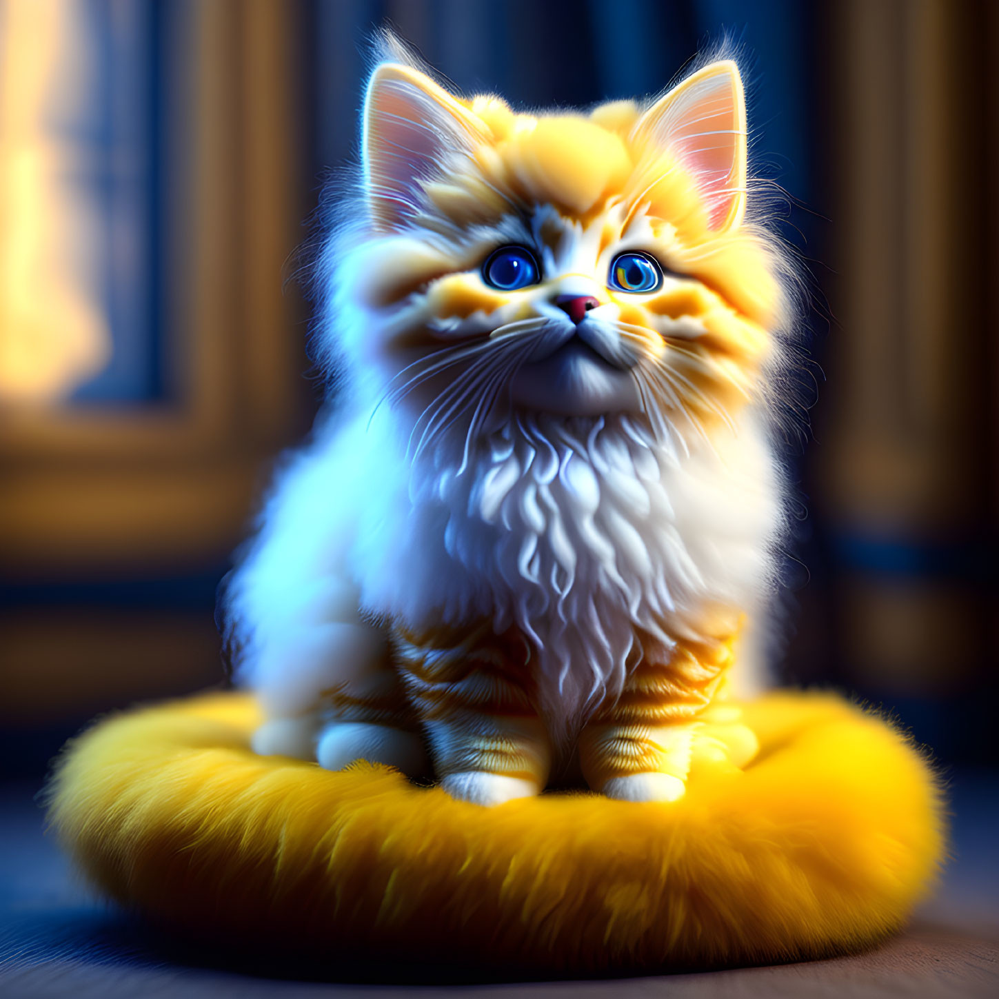 Orange and White Cat with Blue Eyes on Yellow Cushion Indoors