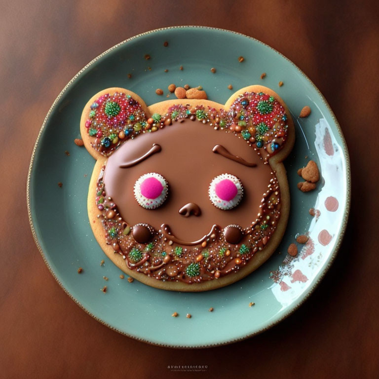 Colorful icing bear-shaped cookie on blue plate with sprinkles