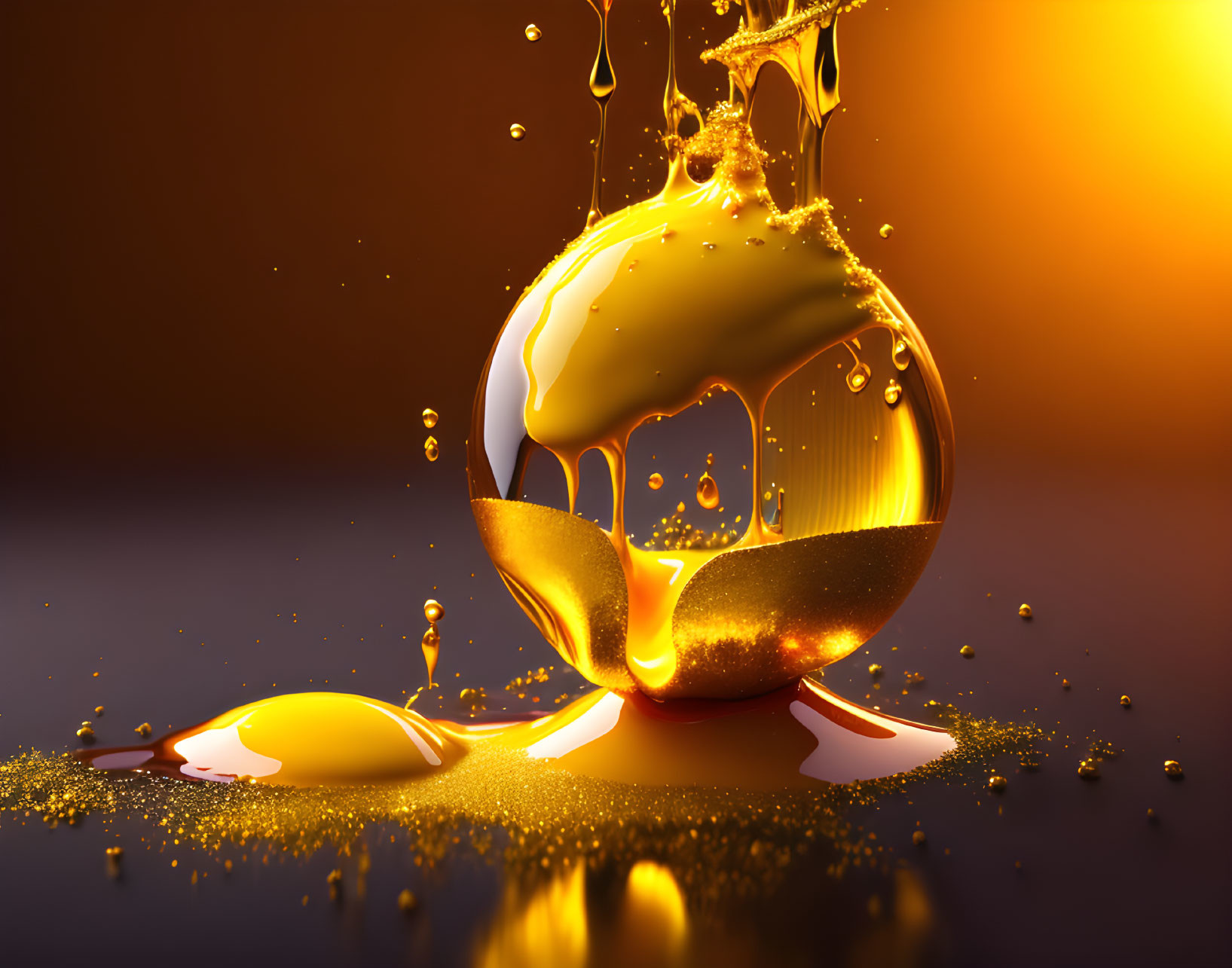 Golden liquid splashing around spherical object on reflective surface