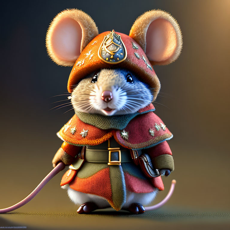 Anthropomorphic mouse in detailed red and orange knight armor
