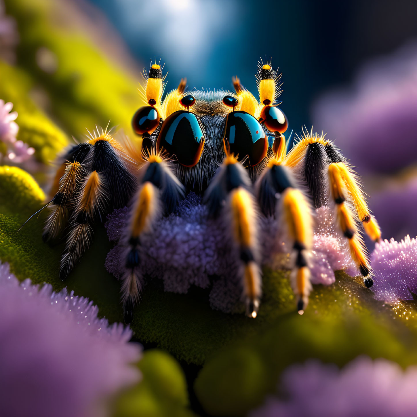 Colorful Jumping Spider Close-Up on Purple Flower with Reflective Eyes