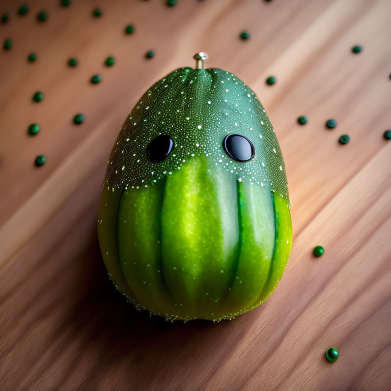 Watermelon with googly eyes on wooden surface, green beads around