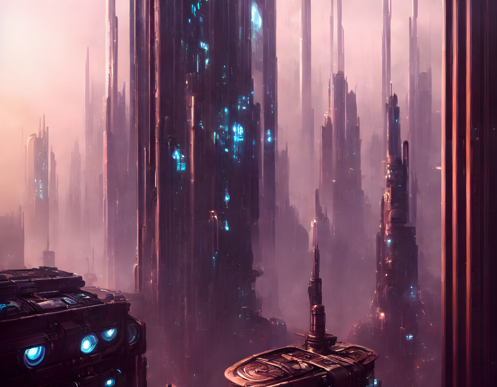 Futuristic pink-hued cityscape with glowing skyscrapers in a hazy atmosphere