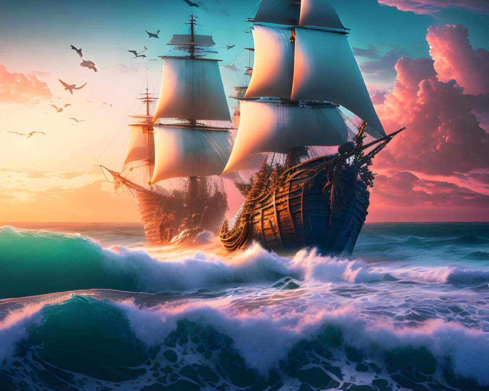 Sailing ship with billowing sails in turquoise waters at sunset