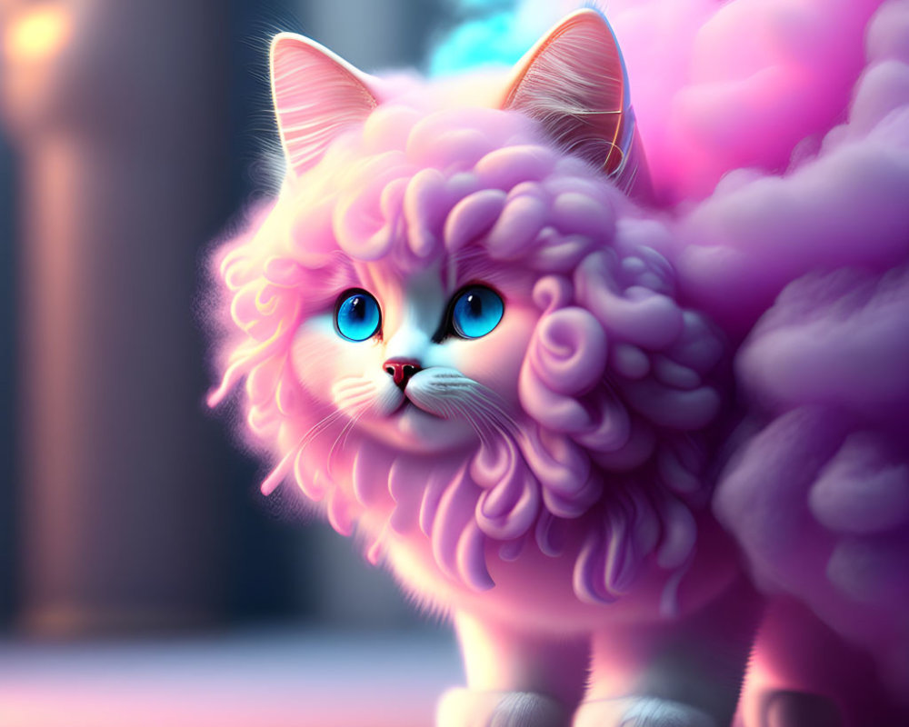 Fluffy pink cat with blue eyes on purple background