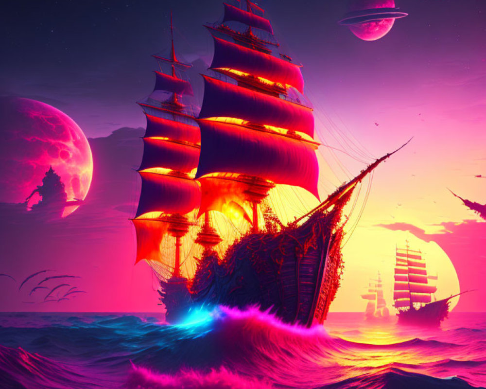 Fantasy scene of illuminated sailboats on glowing ocean under purple sky