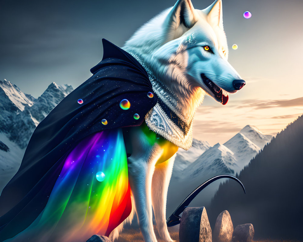 White Wolf with Rainbow Cloak on Mountain Peak at Sunset