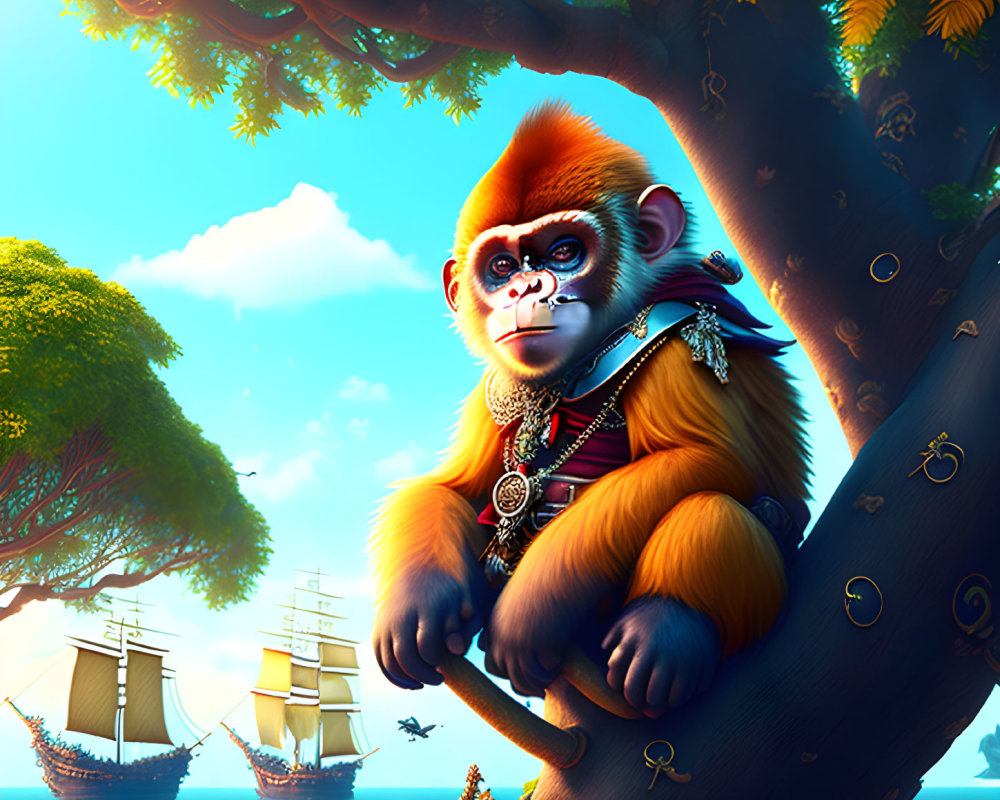 Illustration of anthropomorphic monkey on tree branch overlooking seascape