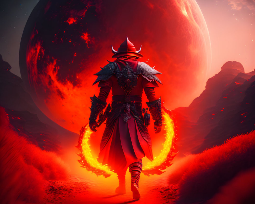 Samurai in ornate armor with glowing sword facing giant red moon