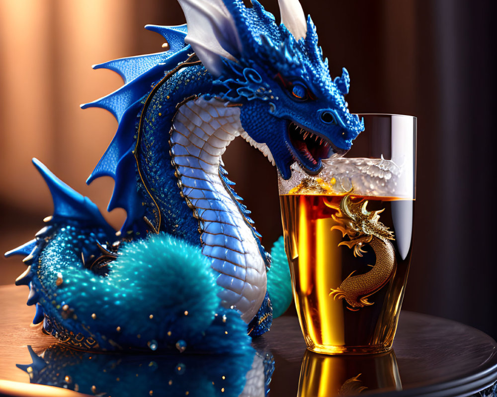 Blue Dragon Figurine Examining Amber Liquid on Wooden Surface