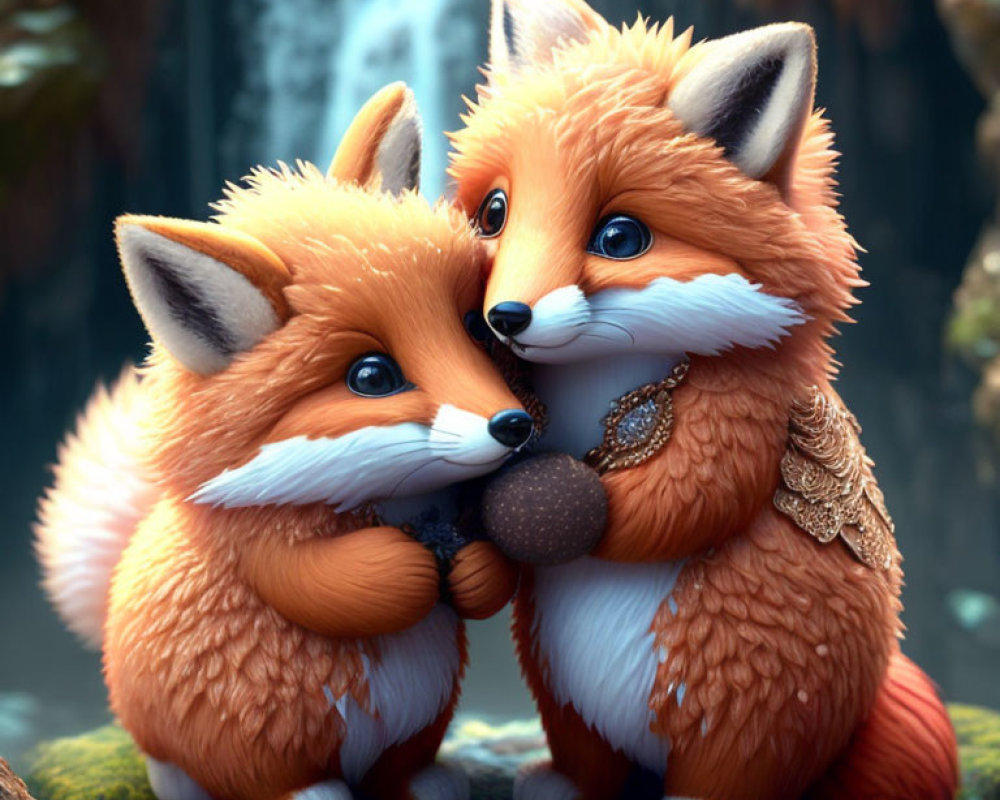 Stylized animated foxes with fluffy fur and jewelry by a waterfall